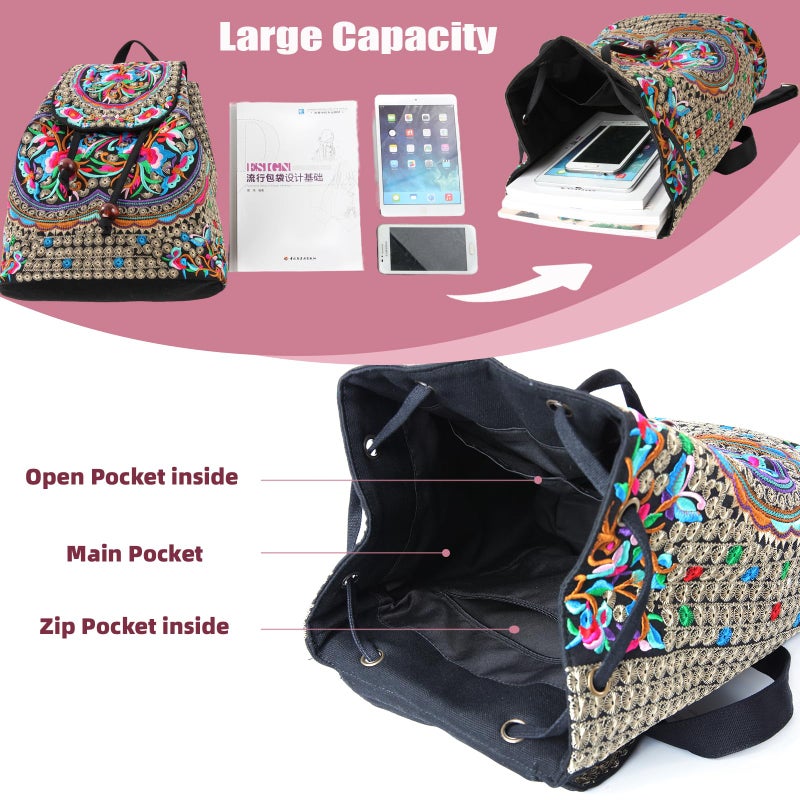 Goodhan Vintage Embroidered Women Backpack Ethnic Travel Handbag Shoulder Bag Large Version - Image 4